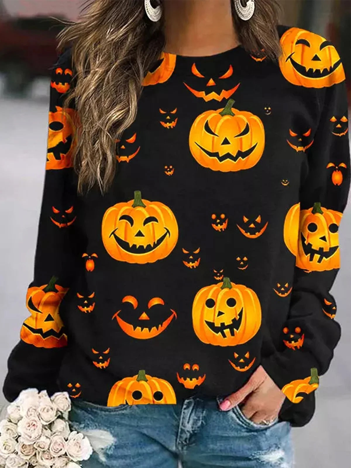 Elsie Black Pumpkin Sweatshirt in black, front view