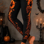 Ophelia witch moon leggings in black, orange, front view