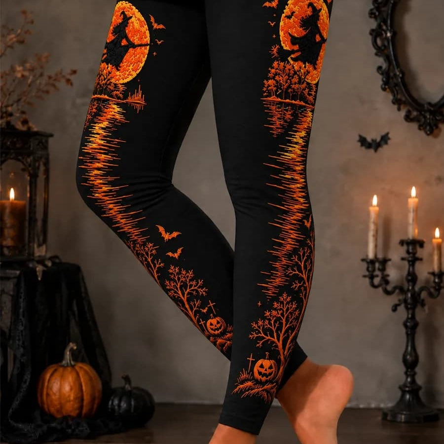 Ophelia witch moon leggings in black, orange, front view