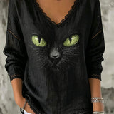 Aurora | Halloween-Inspired Black Cat Face Print Lace V Neck Long Sleeve Blouse