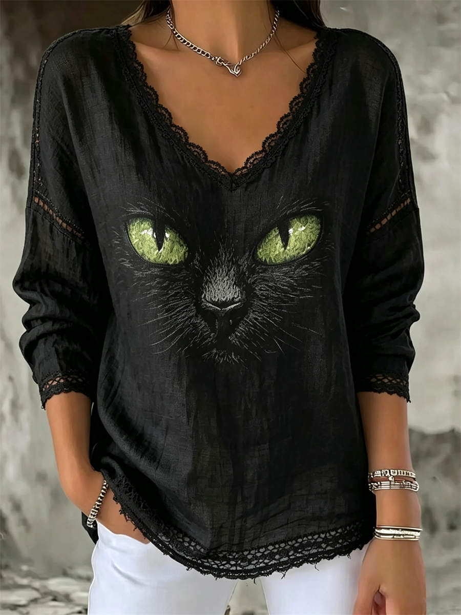 Aurora black cat v neck blouse in black, front view