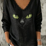 Aurora black cat v neck blouse in black, front view