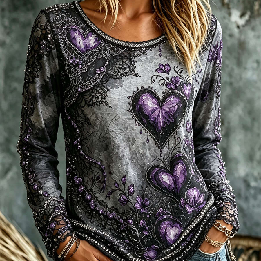 Joanna heart floral top in gray, purple, front view