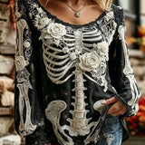 Lara | Halloween-Inspired Black Skeleton Rose Floral Lace Print Scoop Neck Long Sleeve Blouse
