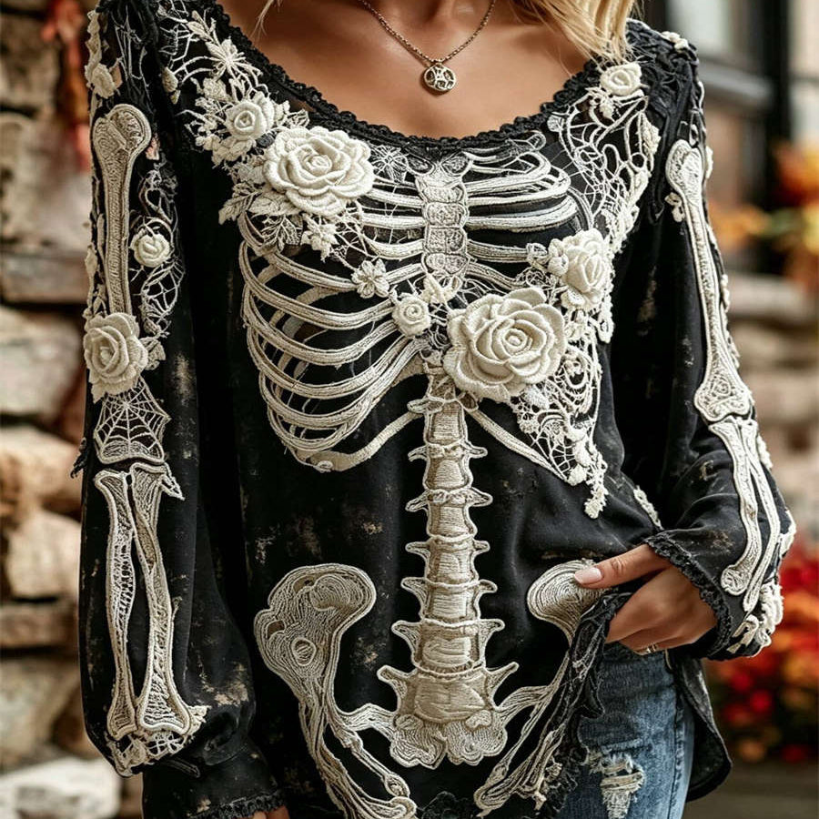 Lara Skeleton Rose Print Blouse in black, front view