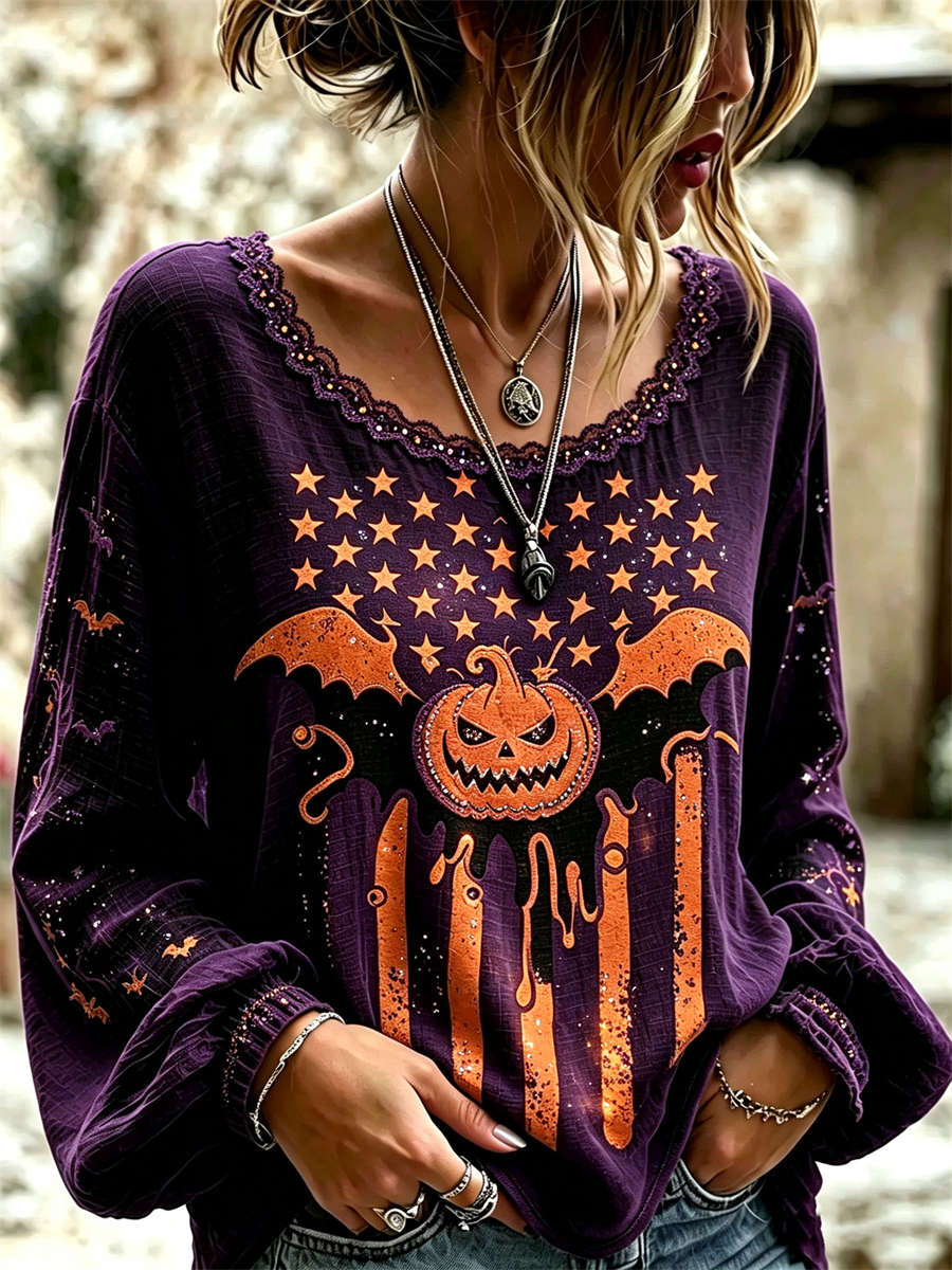 Alana Purple Pumpkin Bat Blouse in purple, front view