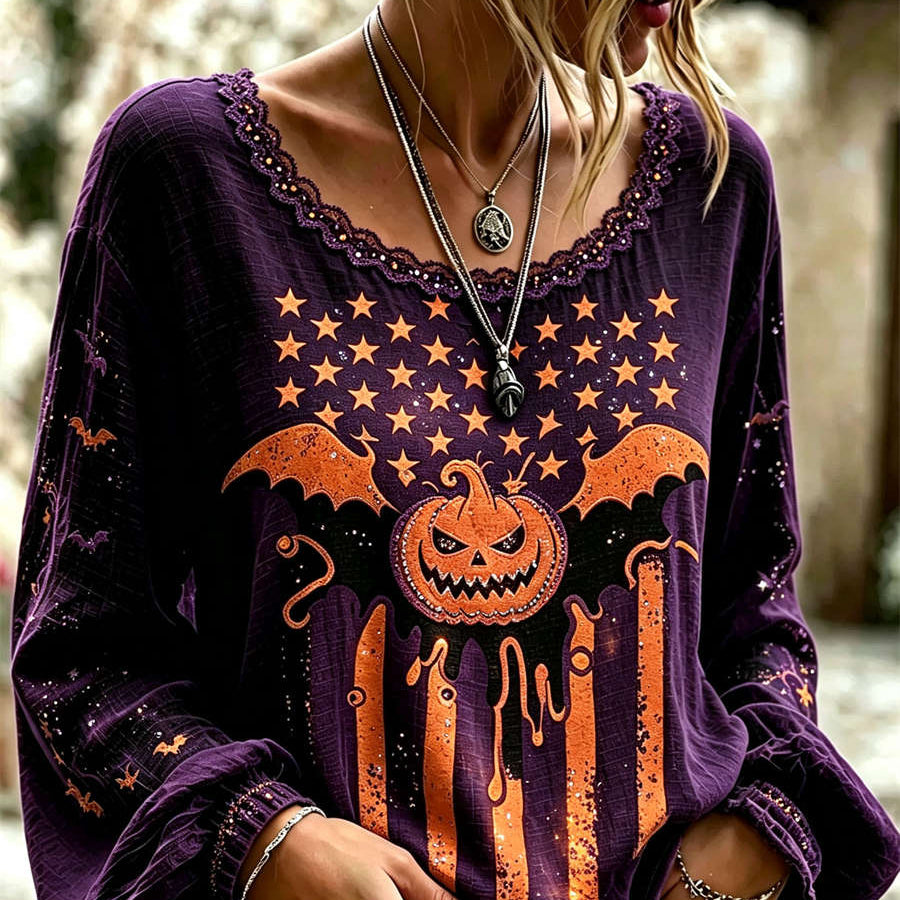 Alana Purple Pumpkin Bat Blouse in purple, front view