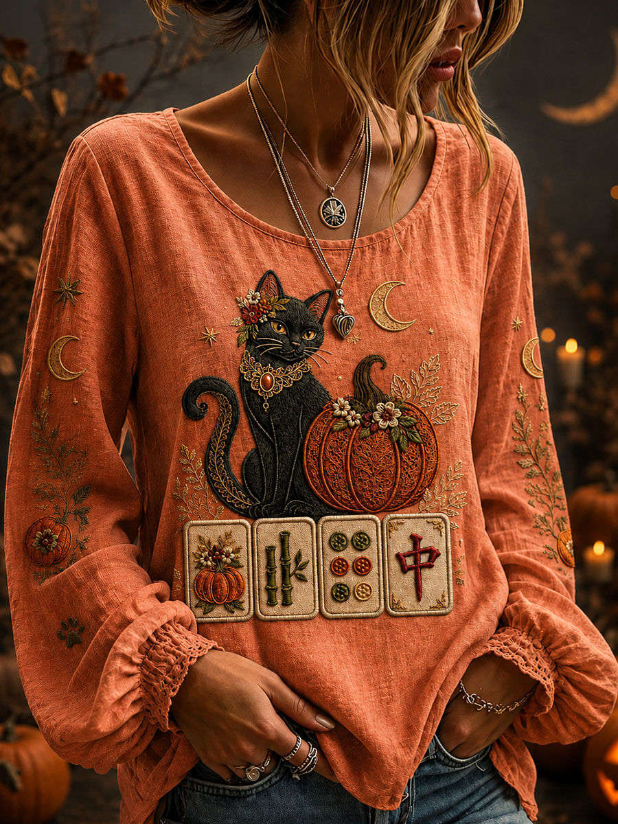 Alma Cat Pumpkin Mahjong Blouse in orange, front view