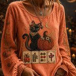 Alma Cat Pumpkin Mahjong Blouse in orange, front view