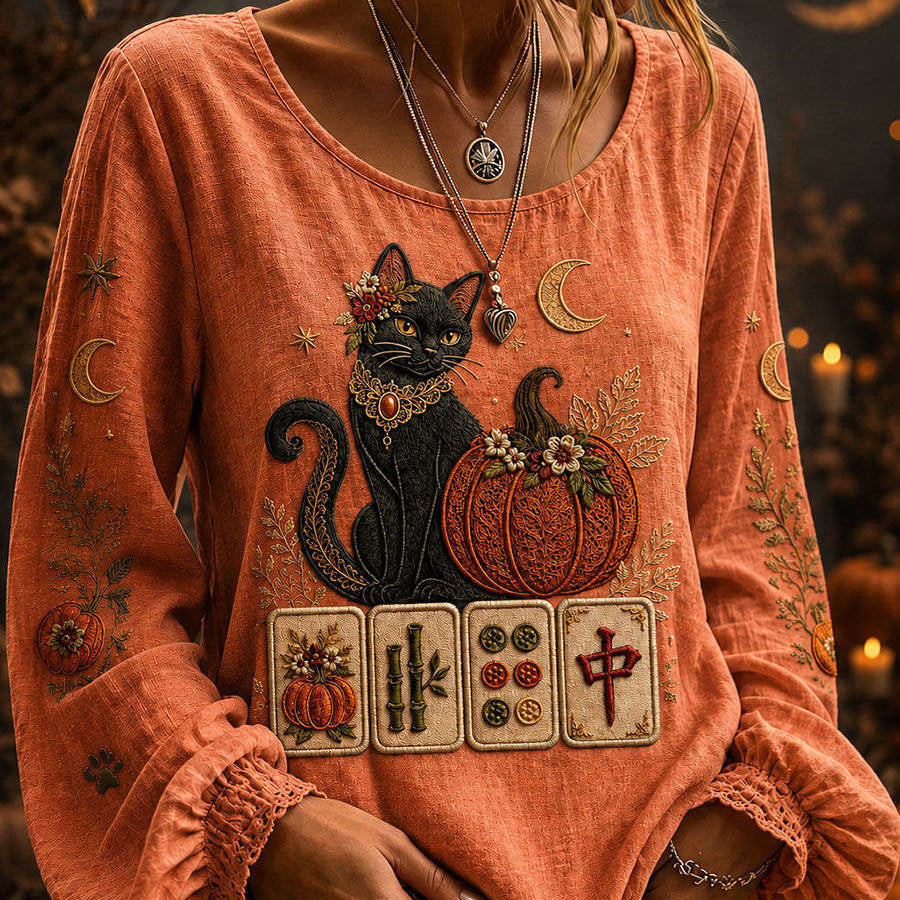 Alma Cat Pumpkin Mahjong Blouse in orange, front view