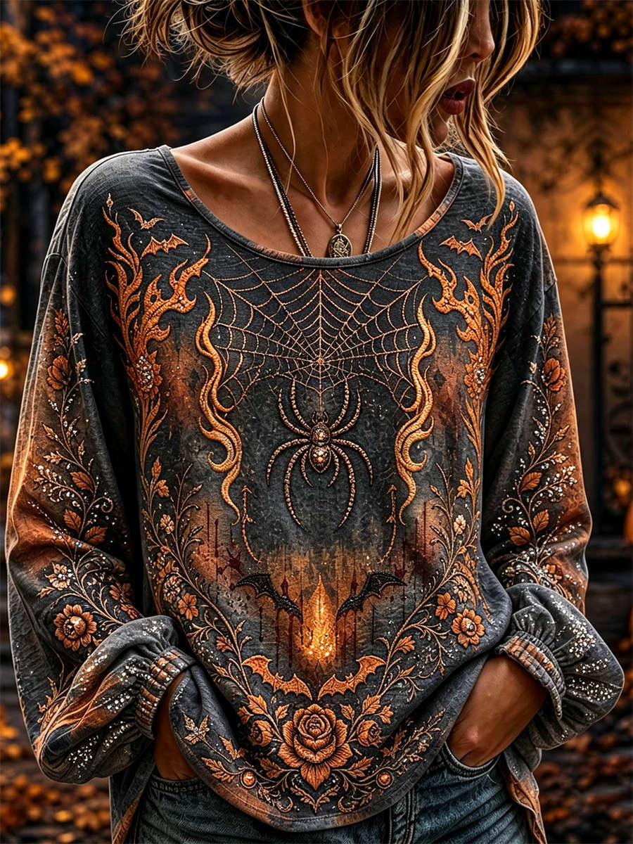 Isla spiderweb floral blouse in gray, orange, front view