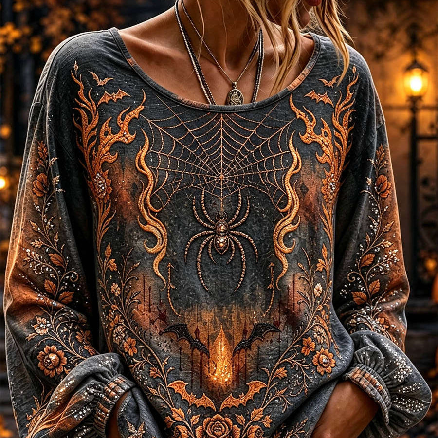 Isla spiderweb floral blouse in gray, orange, front view