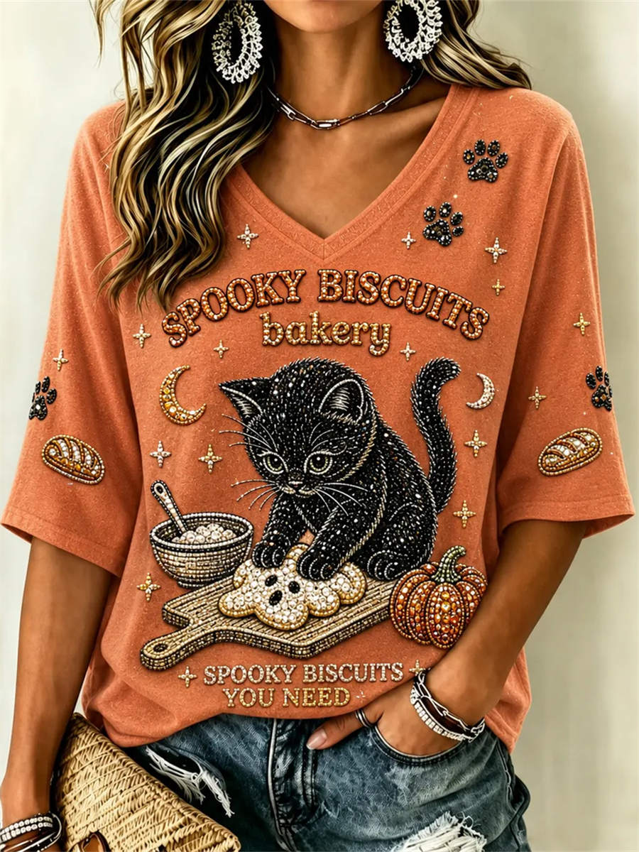 Sarah Black Cat Bakery Blouse in orange, front view
