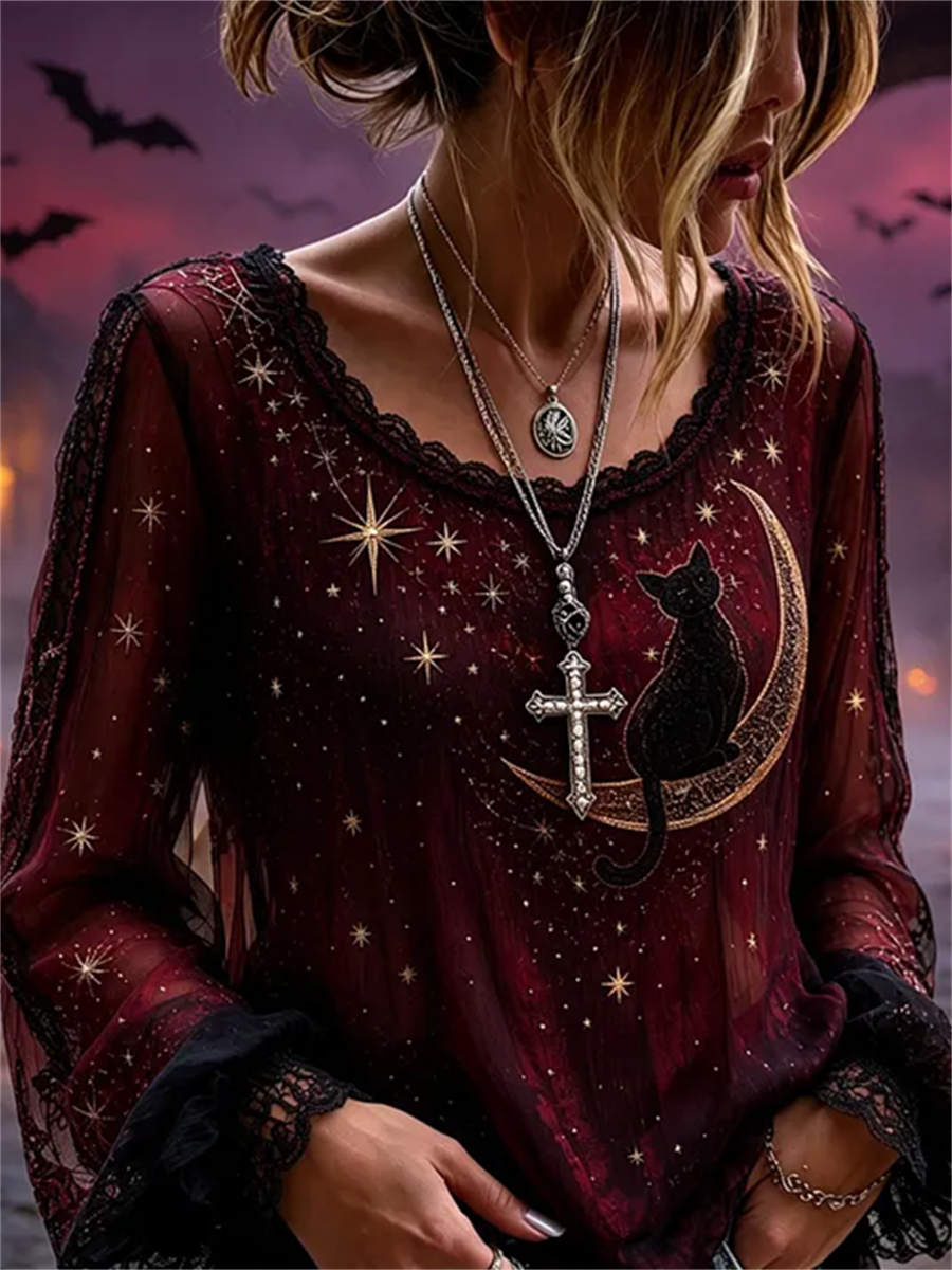 Eleanor Cat Moon Print Blouse in burgundy, front view