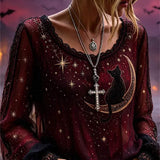 Eleanor Cat Moon Print Blouse in burgundy, front view