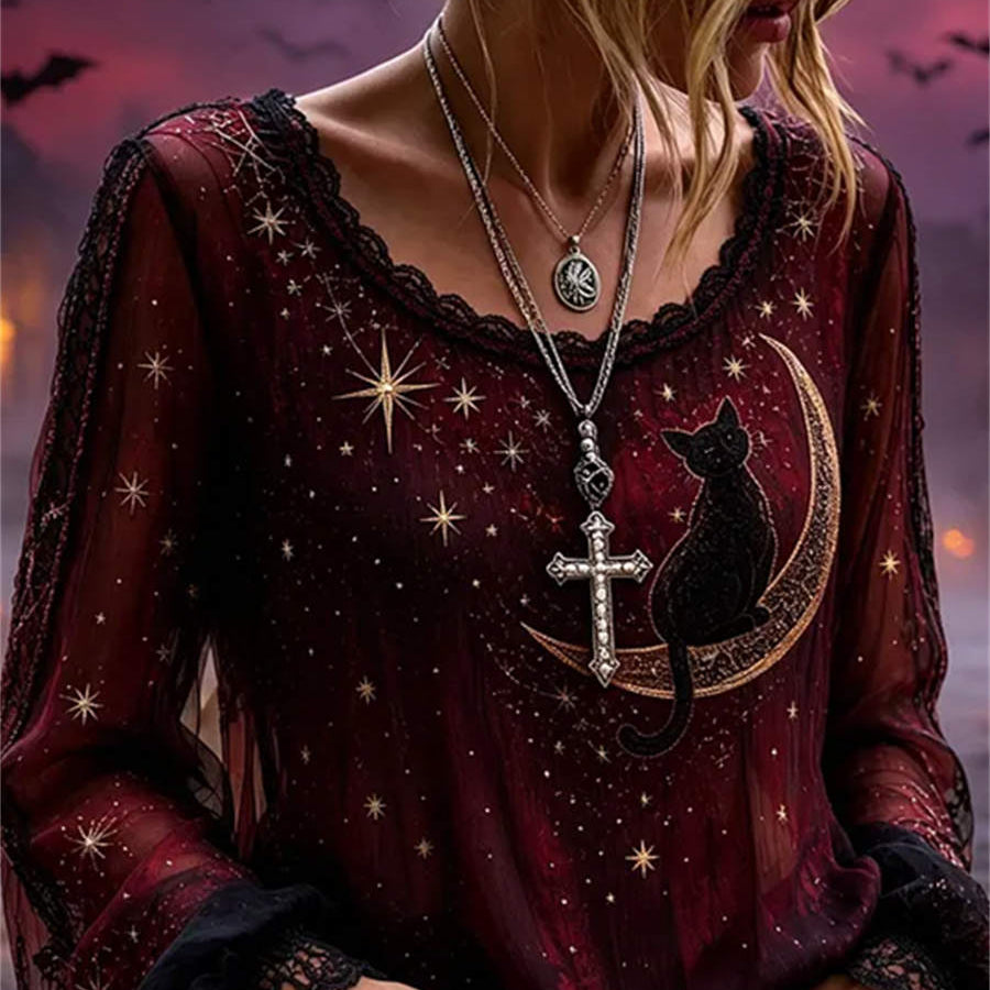 Eleanor Cat Moon Print Blouse in burgundy, front view