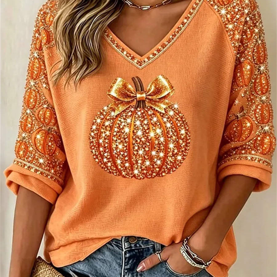Olivia pumpkin bow v neck blouse in orange, front view
