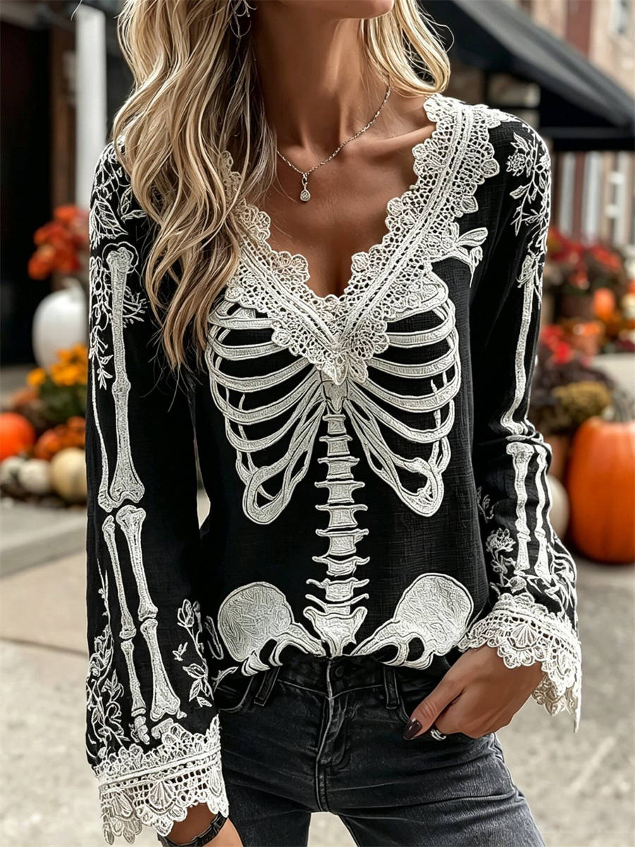 Lucy skeleton lace blouse in black, white, front view
