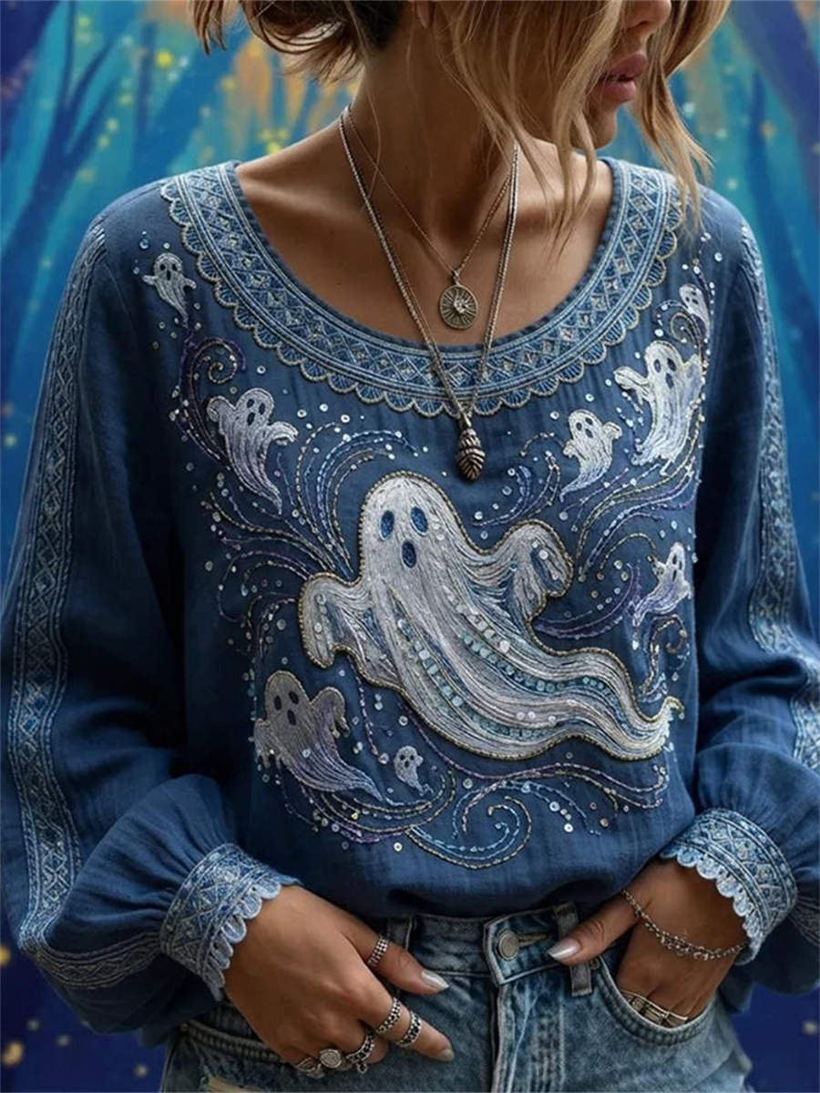 Georgia Blue Ghost Print Blouse in blue, front view