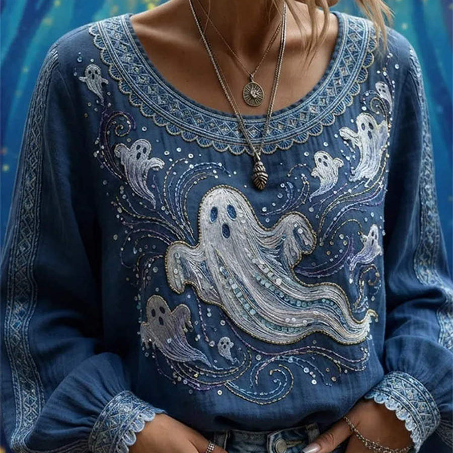 Georgia Blue Ghost Print Blouse in blue, front view