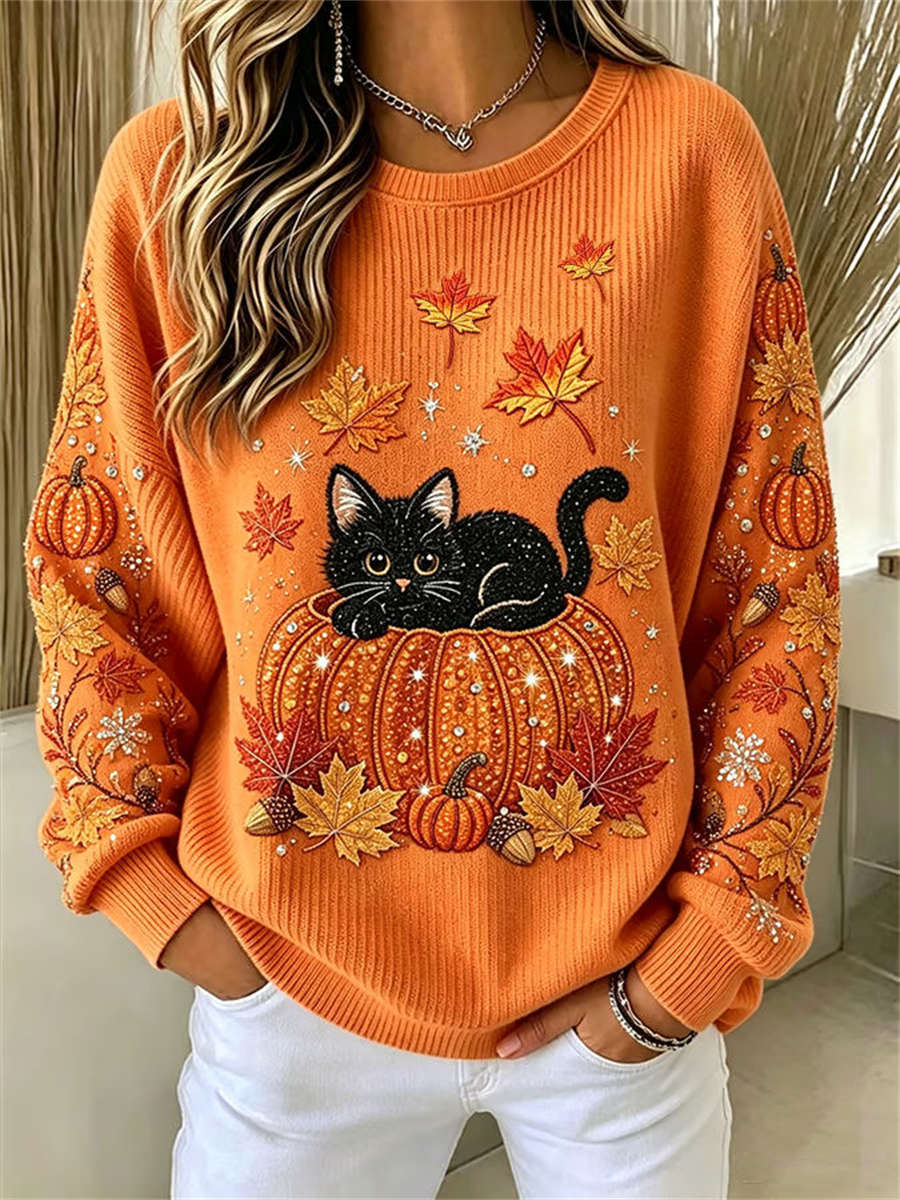 Luna cat pumpkin sweatshirt in orange, front view
