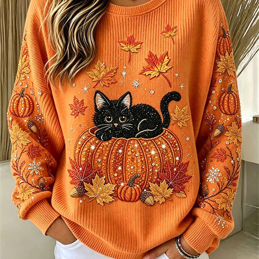 Luna cat pumpkin sweatshirt in orange, front view