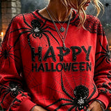 Liliana | Halloween-Inspired Red Spider Web Letter Lace Print Round Neck Long Sleeve Sweatshirt