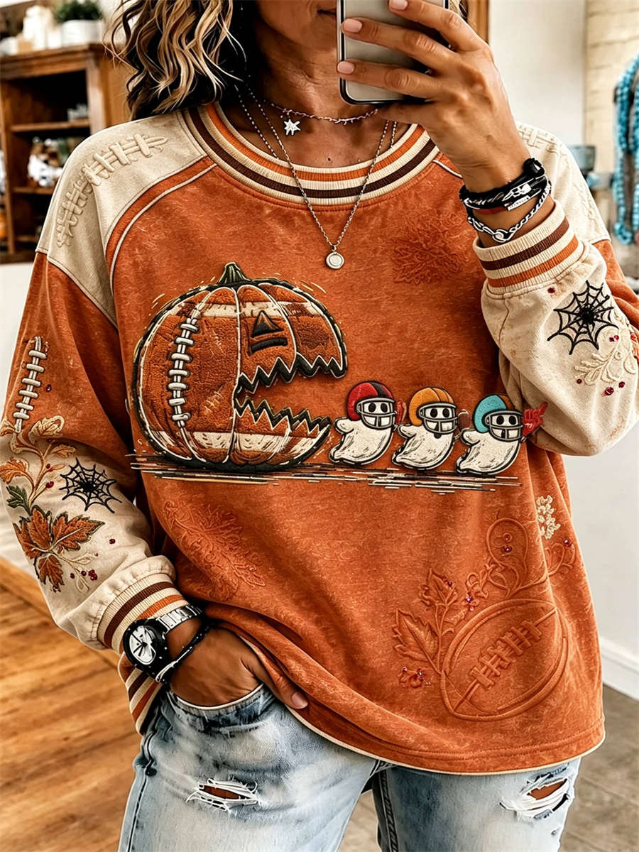 Lauren Pumpkin Football Sweatshirt in orange and beige, front view