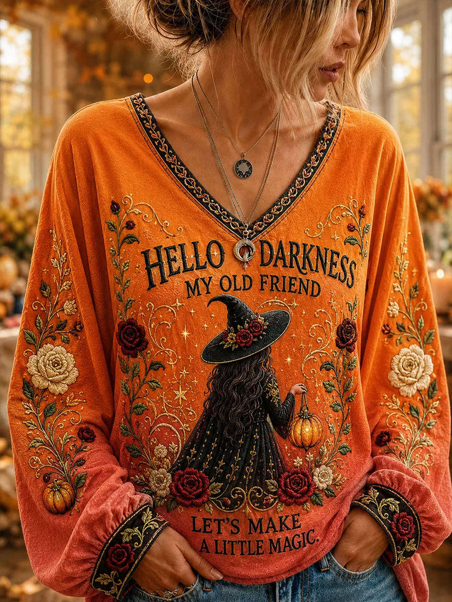 Callie Witch Floral V-Neck Top in orange, front view