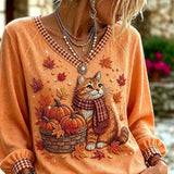 Bianca Cat Pumpkin V-Neck Top in orange, front view