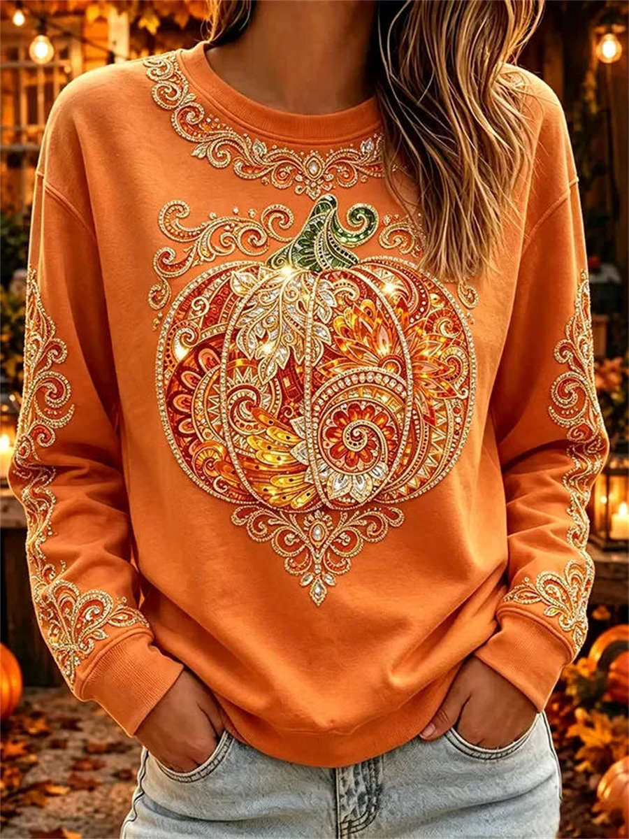 Zoe ornate pumpkin top in orange, front view