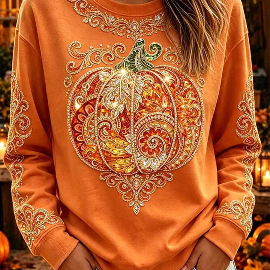 Zoe ornate pumpkin top in orange, front view