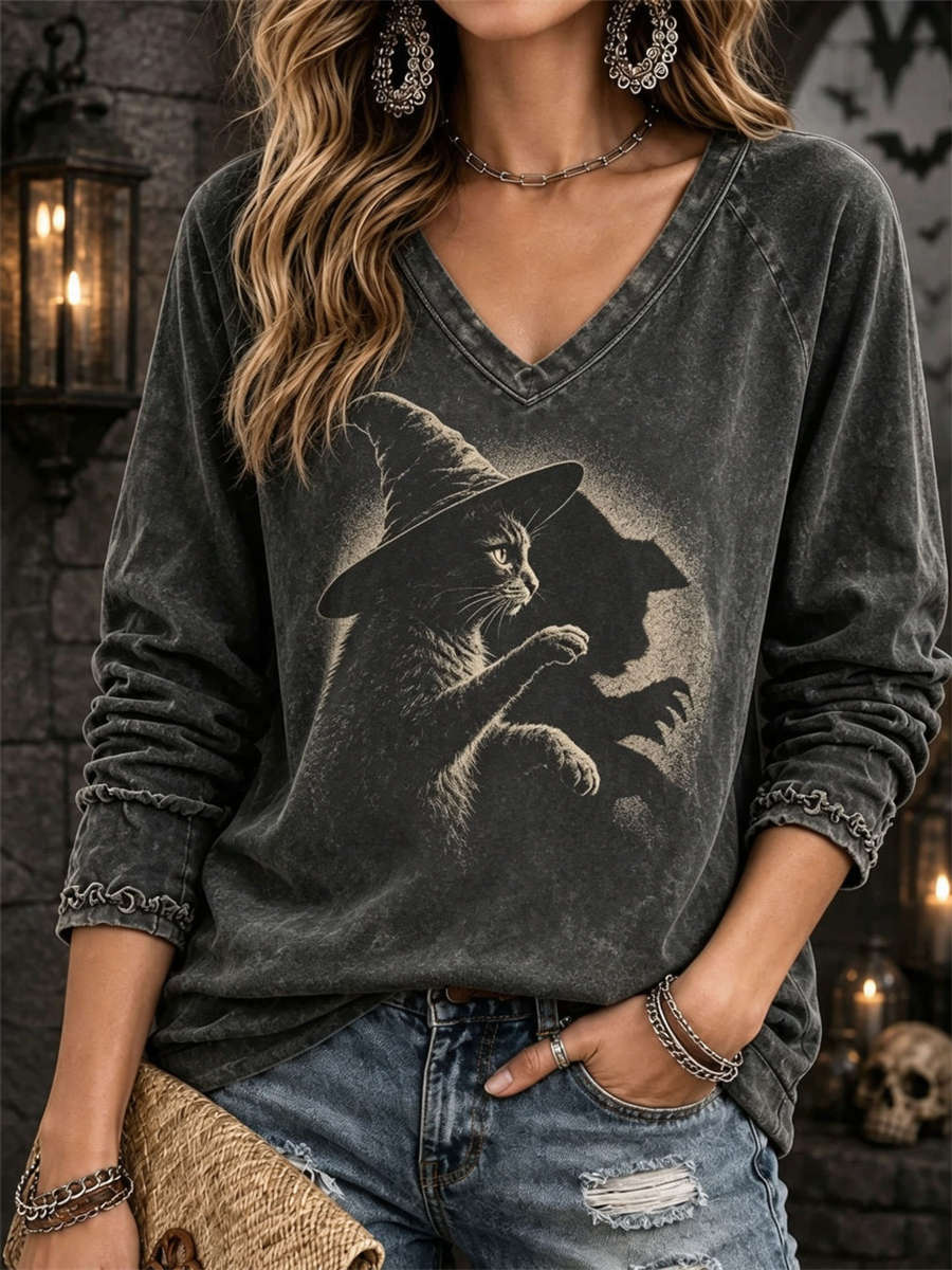 Zoe Witch Cat V-Neck Top in gray, front view