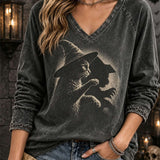 Zoe Witch Cat V-Neck Top in gray, front view