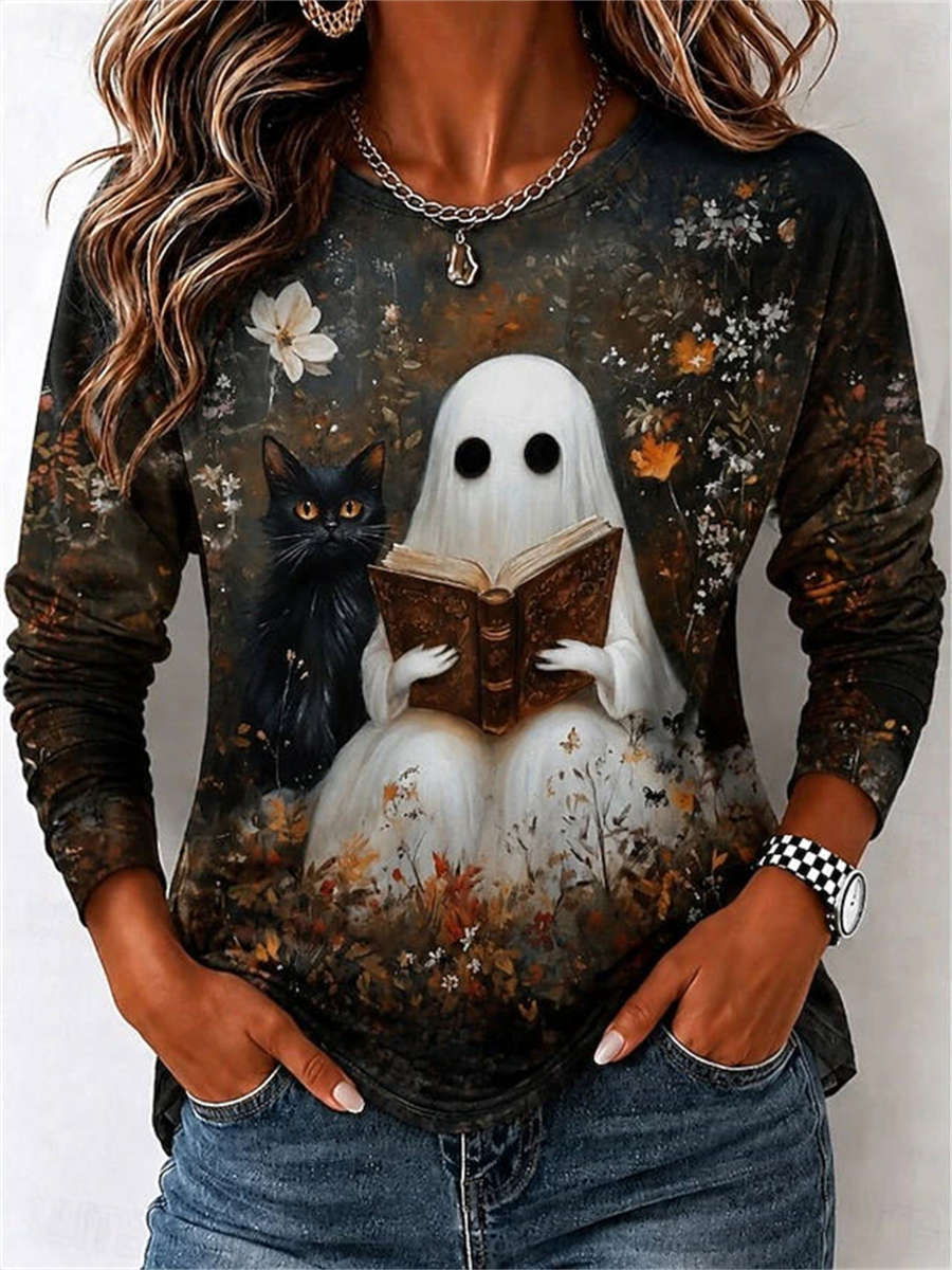 Eden ghost cat floral top in black, brown, front view