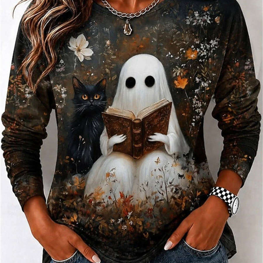 Eden ghost cat floral top in black, brown, front view