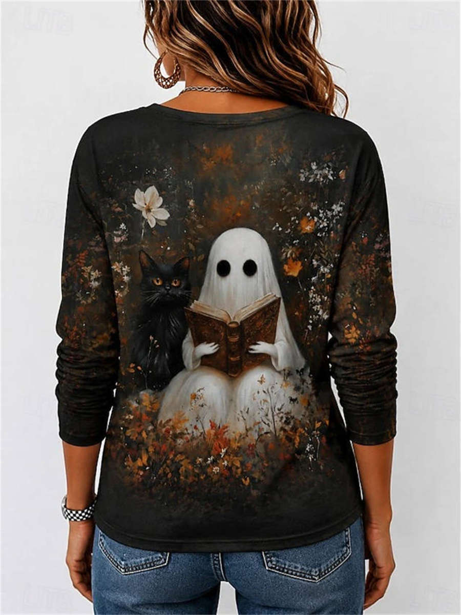 Eden ghost cat floral top in black, brown, back view