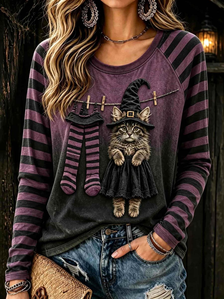 Juniper striped witch cat top in purple, black, front view
