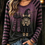 Juniper striped witch cat top in purple, black, front view