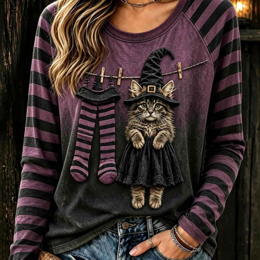 Juniper striped witch cat top in purple, black, front view