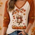 Elena cat pumpkin raglan top in white, orange, front view