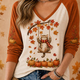 Elena cat pumpkin raglan top in white, orange, front view