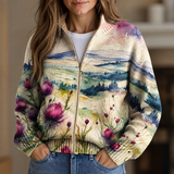 Harriet | Watercolor Thistle Zip-Up Cardigan