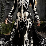 Violet | Halloween-Inspired Black Skeleton Floral Square Neck Long Sleeve Maxi Dress