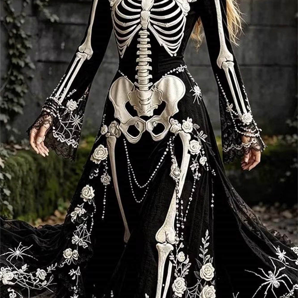 Violet skeleton floral maxi dress in black, white, front view