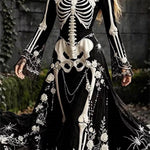 Violet skeleton floral maxi dress in black, white, front view