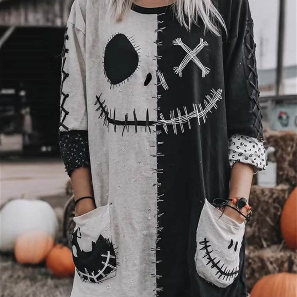 Irene Stitched Face Mini Dress in black and white, front view