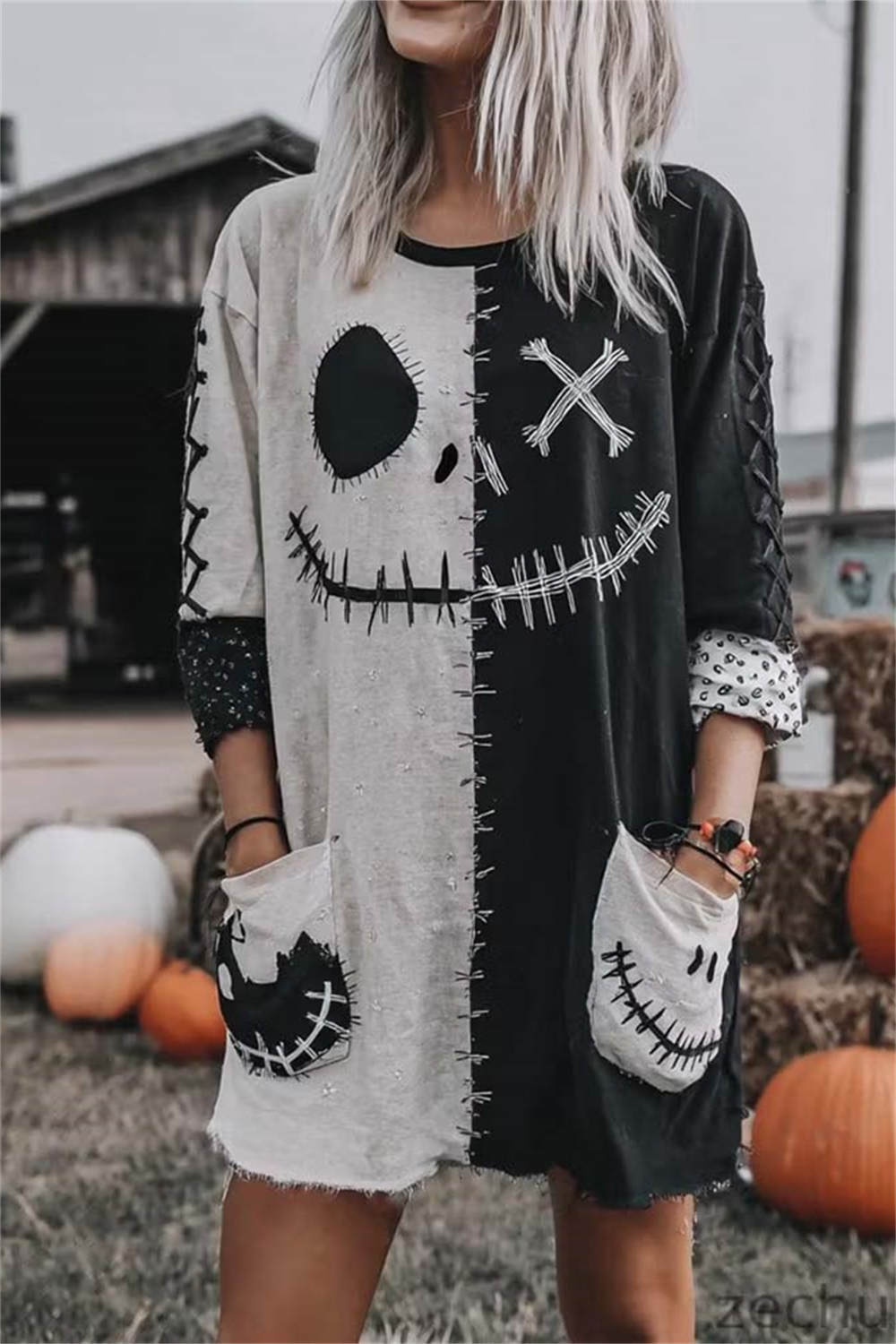 Irene Stitched Face Mini Dress in black and white, front view
