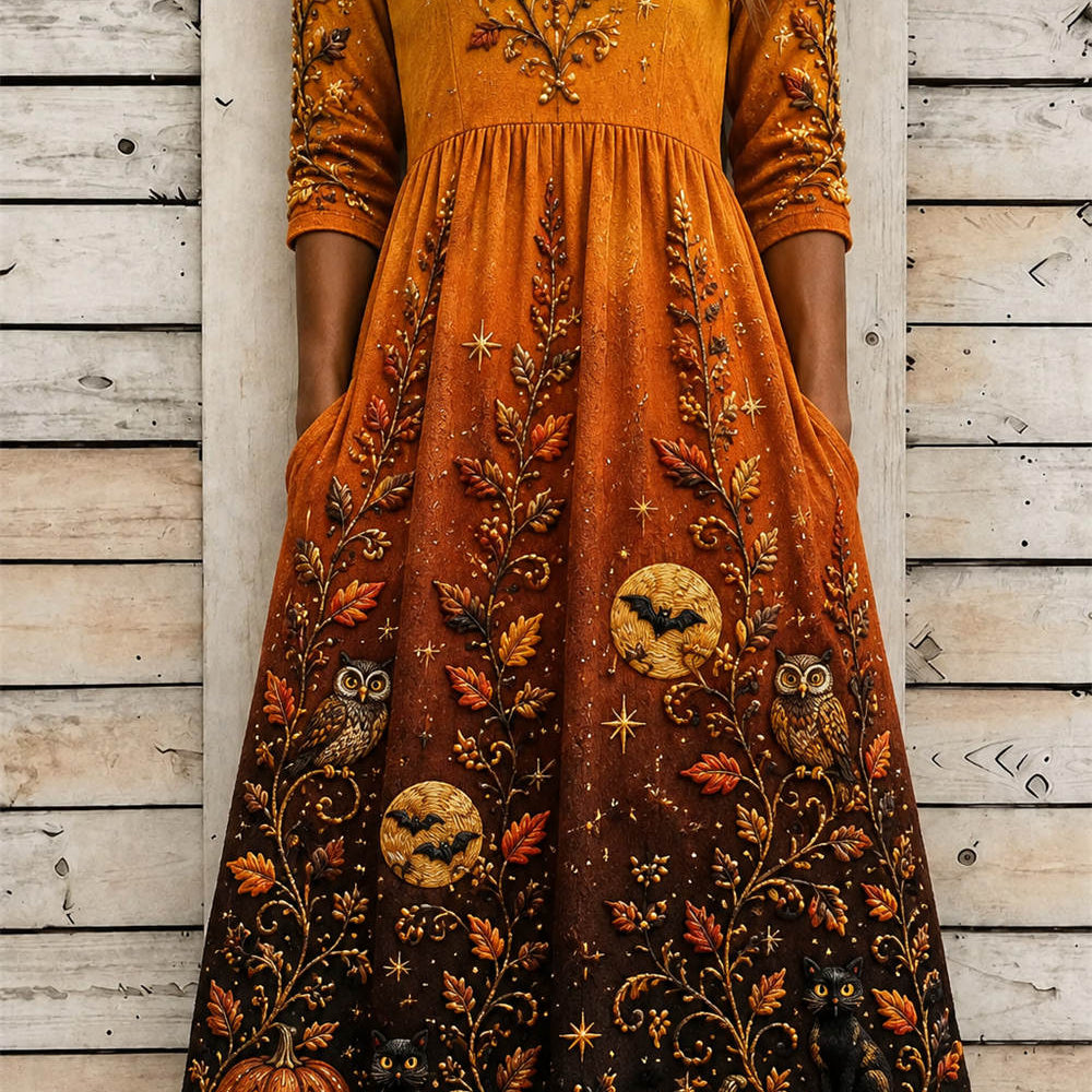 Phoebe pumpkin cat owl midi dress in orange, black, front view