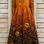 Phoebe pumpkin cat owl midi dress in orange, black, front view